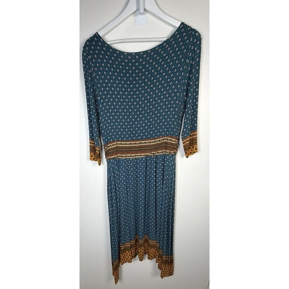 Anthropologie Maeve Large Blue Beloved Tie Front 3/4 Sleeve Jersey Midi Dress